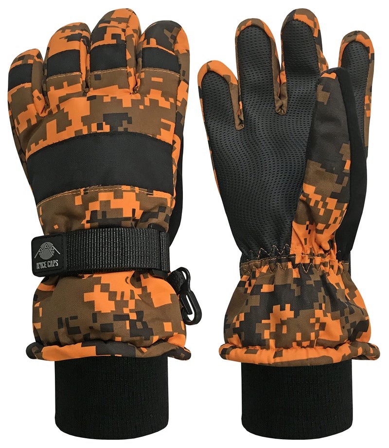 N'Ice Caps Kids Waterproof Winter Thinsulate Warm Gloves (10-12 Years, Neon Orange Digital Camo) - Image 1