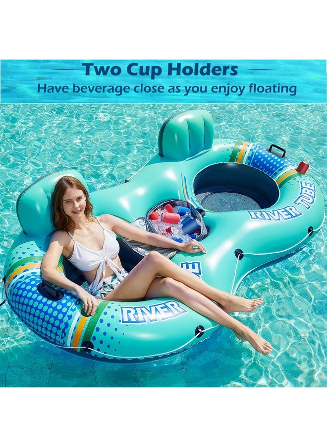 Jasonwell Inflatable River Tube Float - 2 Person Heavy Duty River Float Pool Floats With Removable Cooler Lake Water Tubes For Floating River Raft Lounge Floatie With 2 Cup Holders For Adults (Cyan) - Image 2