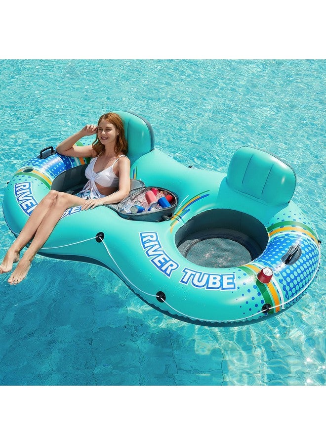 Jasonwell Inflatable River Tube Float - 2 Person Heavy Duty River Float Pool Floats With Removable Cooler Lake Water Tubes For Floating River Raft Lounge Floatie With 2 Cup Holders For Adults (Cyan) - Image 1