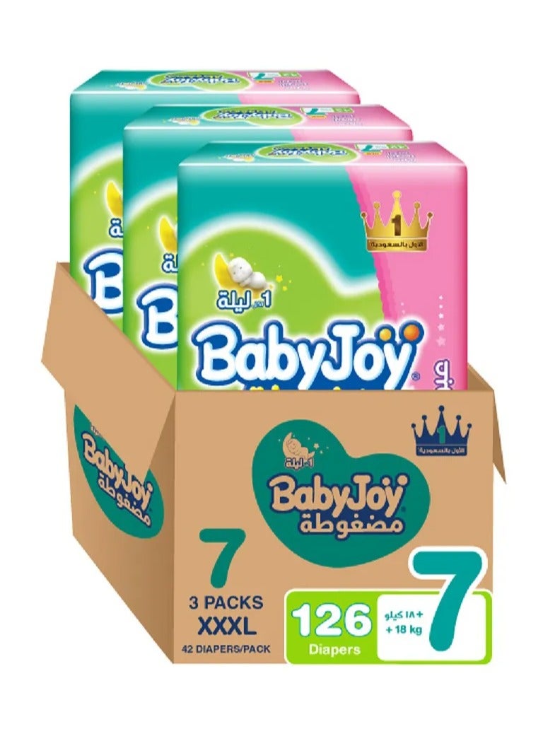 BabyJoy Double XL Size 7 Tape Style Diapers - Pack of 3 (126 Pieces) Compressed Diamond Pad with Navel Cut, 18kg+
