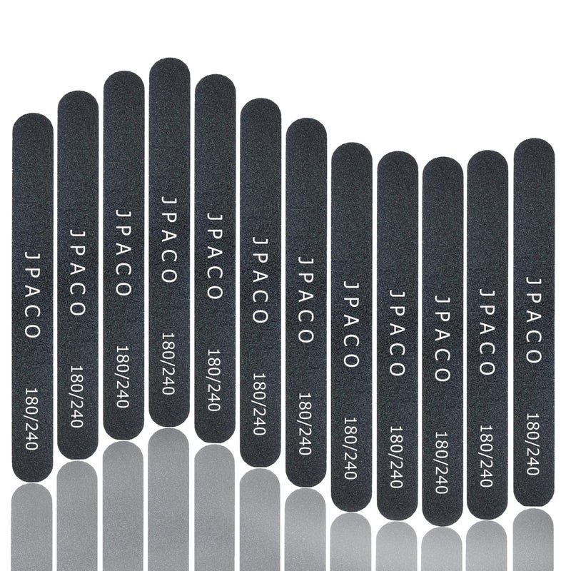 12Pack Professional Nail Files DoubleSided 180240 Grit Emery Boards for Natural Acrylic Poly and Gel Nails Washable Black Manicure Tools Set by JPACO