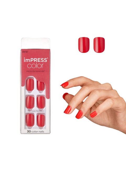 KISS imPRESS No Glue Mani Press On Nails Color Corally Crazy Orange Short Size Squoval Shape Includes 30 Nails Prep Pad Instructions Sheet 1 Manicure Stick 1 Mini File