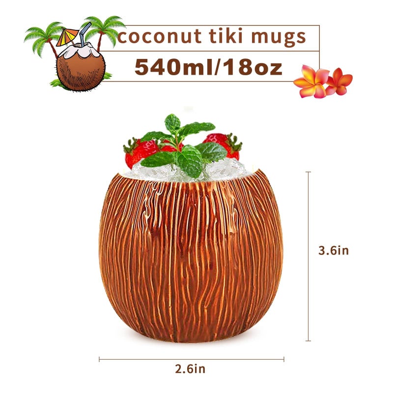 LINALL Ceramic Coconut Shape Mug For Gifts Cups And Mugs Collections New Year Decoration Tiki Mug (520ml/17oz) (4 pack) - Image 2