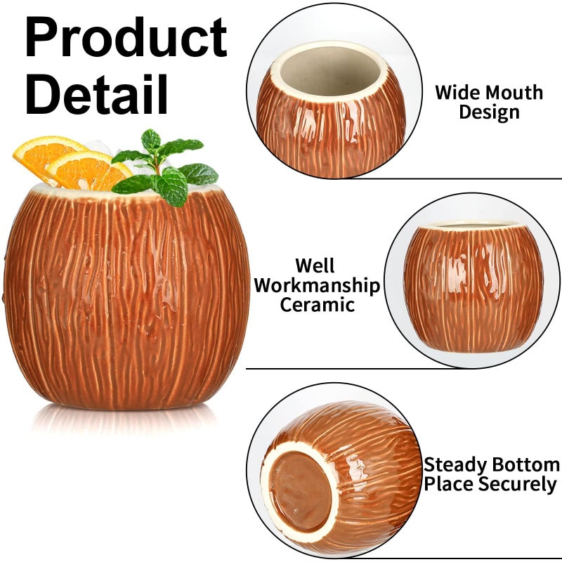 LINALL Ceramic Coconut Shape Mug For Gifts Cups And Mugs Collections New Year Decoration Tiki Mug (520ml/17oz) (4 pack) - Image 5