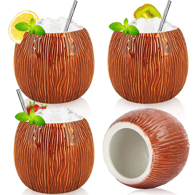 LINALL Ceramic Coconut Shape Mug For Gifts Cups And Mugs Collections New Year Decoration Tiki Mug (520ml/17oz) (4 pack) - Image 1