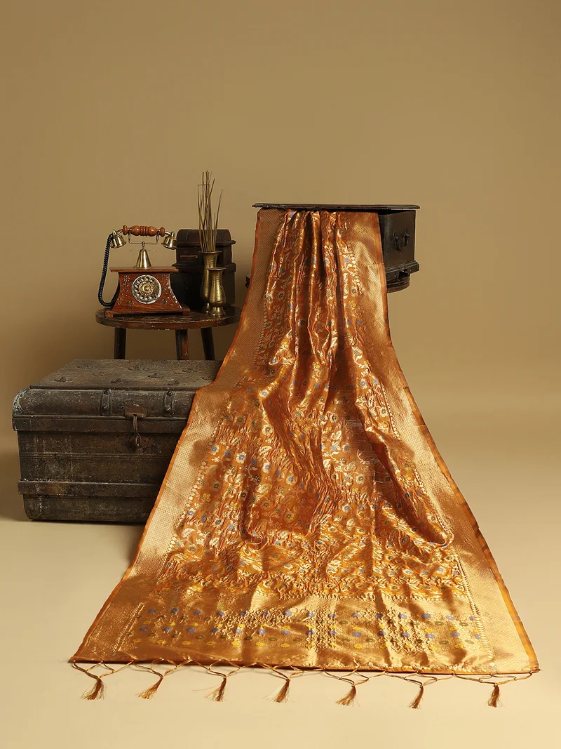 Globus Women Mustard Floral Woven Design Brocade Tasselled Border Festive Dupatta