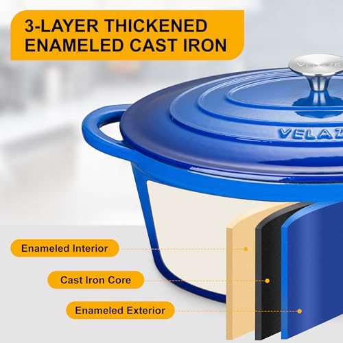 Velaze 7.5 QT Enameled Oval Dutch Oven Pot with Lid, Cast Iron Dutch Oven with Dual Handles for Bread Baking, Cooking, Frying, Non-stick Enamel Coated Cookware（Blue) - Image 4