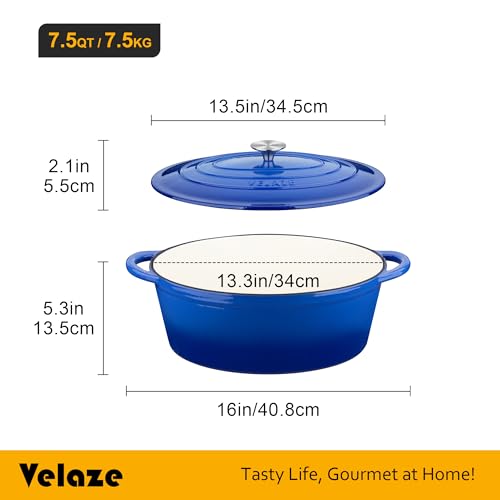 Velaze 7.5 QT Enameled Oval Dutch Oven Pot with Lid, Cast Iron Dutch Oven with Dual Handles for Bread Baking, Cooking, Frying, Non-stick Enamel Coated Cookware（Blue) - Image 2