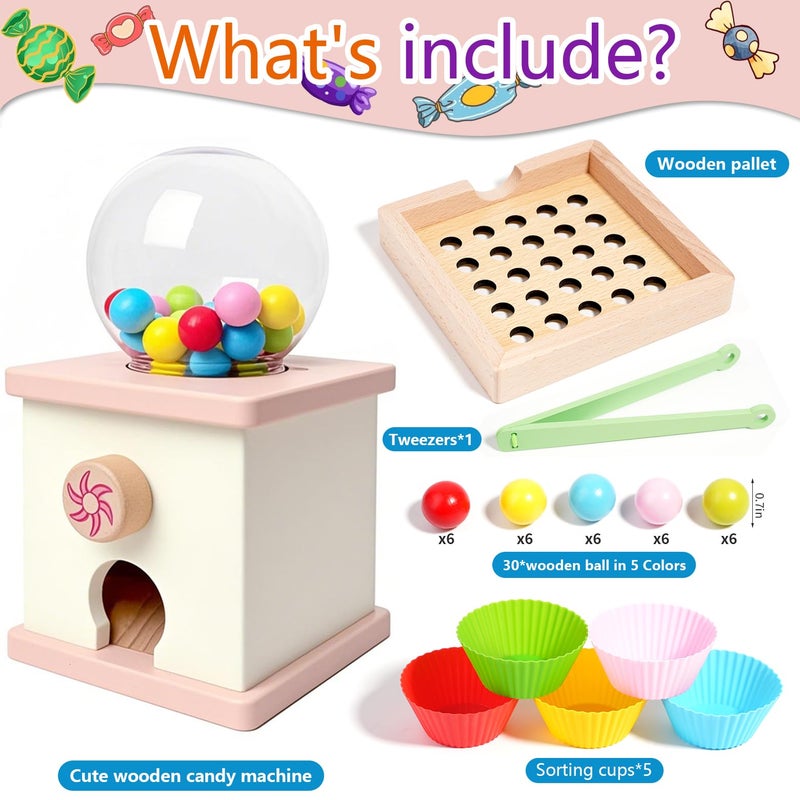 QimuMku 9.6" Wooden Gumball Machine Counting Montessori Toys for 3 4 5 Years Old Boys Girls, Toddler Preschool Learning Activities Toy for Kids Ages 4-8, Birthday Gifts Sensory Toys - Image 2