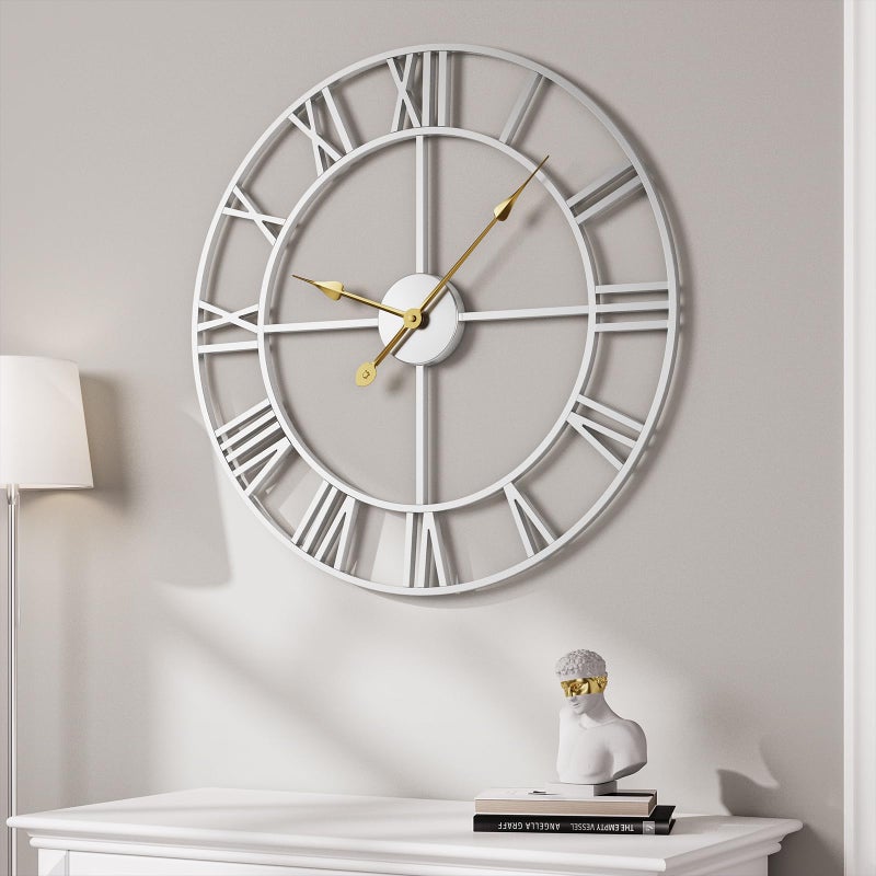 Cuspin 30 Inch Large Wall Clock, Modern Silver Metal Big Decorative Wall Clock Home Decor, Battery-Operated Roman Numeral Analog Metal Round Wall Clocks for Living Room, Bedroom, Office - Image 1