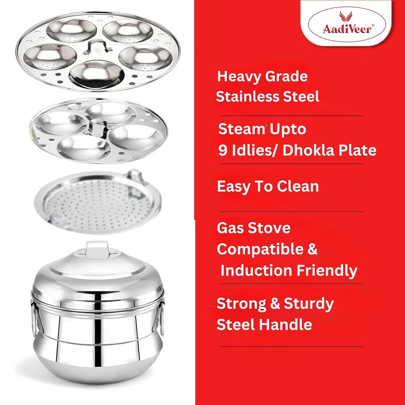 AadiVeer Stainless Steel Idly CookerIdly MakerIdly Pot With SteamerDhokla Plate 2 Idli Plates 9 Idlies Gas Stove Induction Compatible Dia 215cm - Image 2