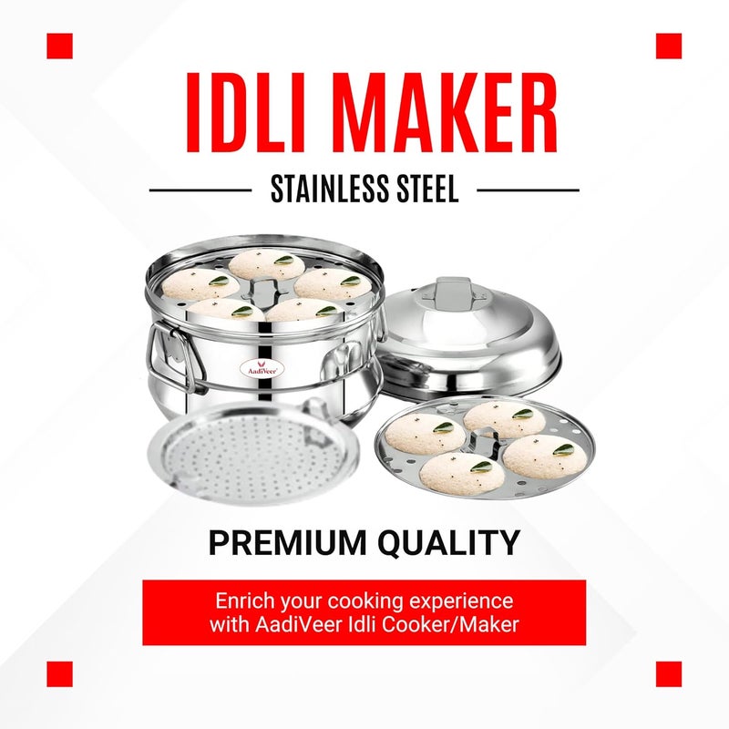 AadiVeer Stainless Steel Idly CookerIdly MakerIdly Pot With SteamerDhokla Plate 2 Idli Plates 9 Idlies Gas Stove Induction Compatible Dia 215cm - Image 5