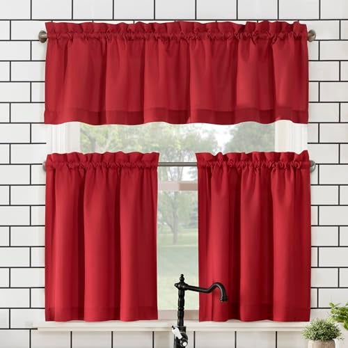 No. 918 Martine Microfiber Semi-Sheer Rod Pocket Kitchen Curtain Valance and Tiers Set, 54" x 45", Red - Image 1