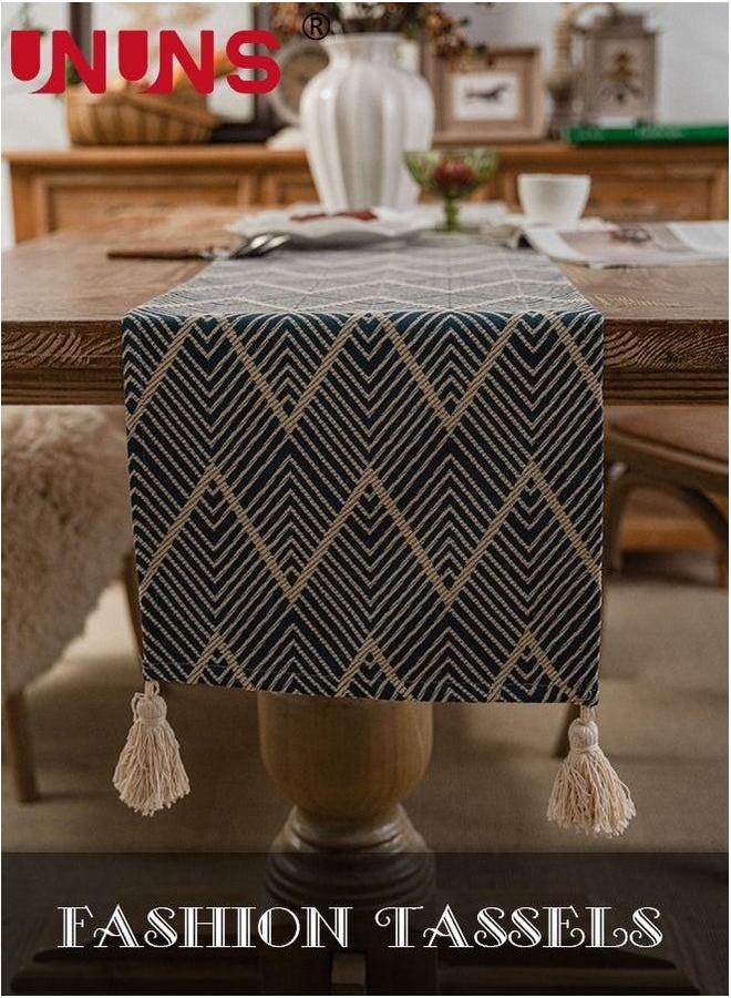 UNUNS Table Runner,13x87 Inches Navy Wave Pattern Runner With Tassel,Geometry Holiday Coffee Farmhouse Style For Dining Room - Image 4