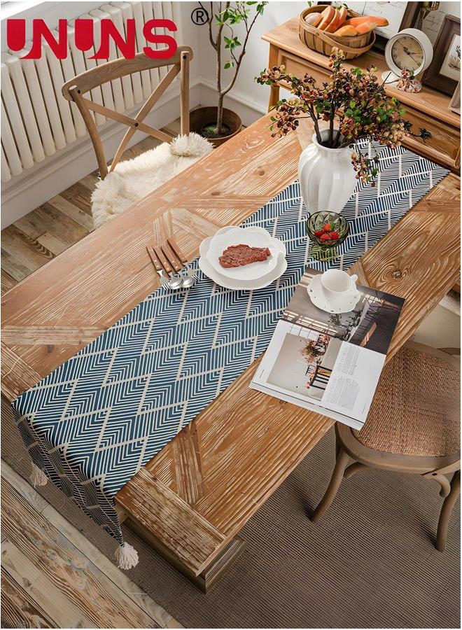 UNUNS Table Runner,13x87 Inches Navy Wave Pattern Runner With Tassel,Geometry Holiday Coffee Farmhouse Style For Dining Room - Image 1