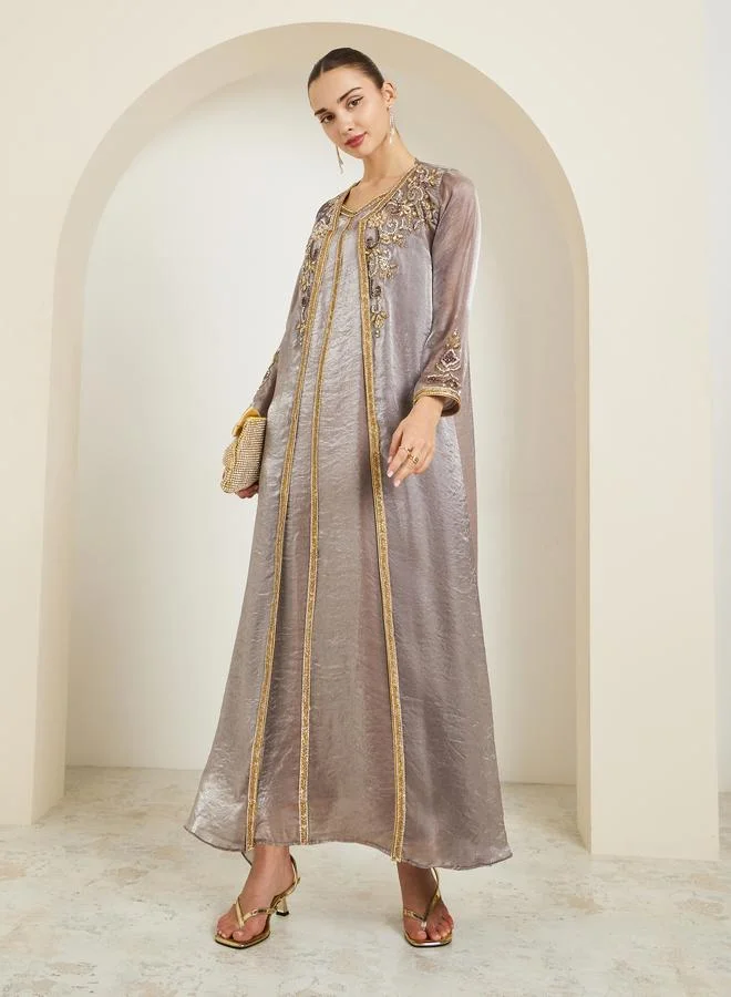 Amirah Brown Hand Embroidered A-Line Kaftan