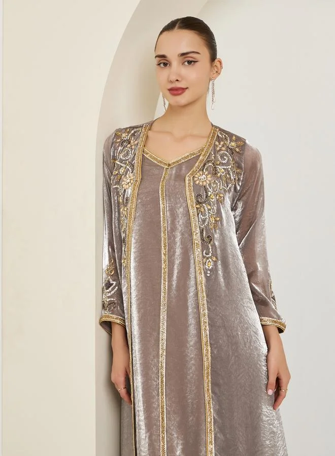 Amirah Brown Hand Embroidered A-Line Kaftan
