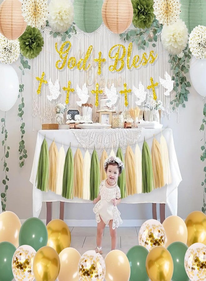 Rahase Sage Green and Gold Baptism Party Decorations - First Communion Decorations Boys Girls Christening Decor God Bless Banner Garland Tissue Paper Pom Poms and Balloons for Mi Bautizo Party Supplies - Image 5