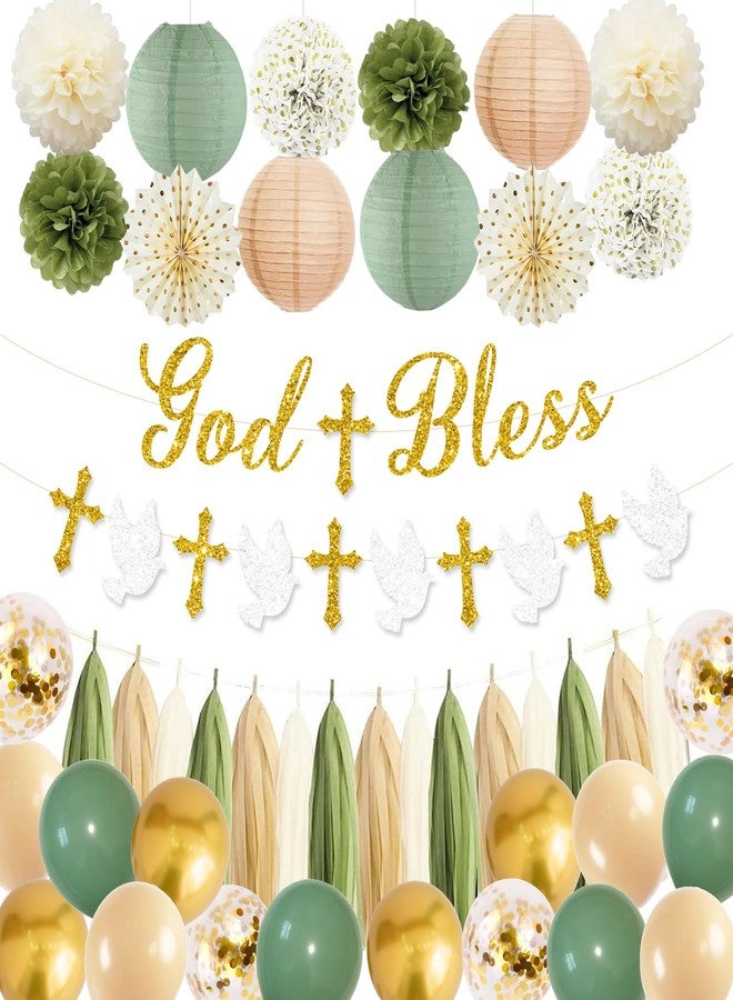 Rahase Sage Green and Gold Baptism Party Decorations - First Communion Decorations Boys Girls Christening Decor God Bless Banner Garland Tissue Paper Pom Poms and Balloons for Mi Bautizo Party Supplies - Image 1