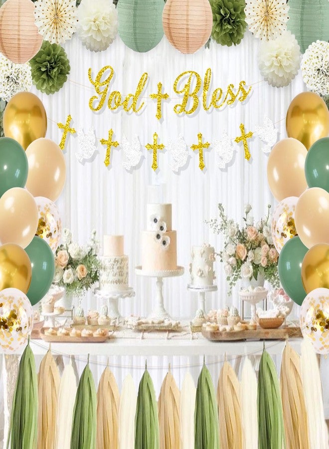 Rahase Sage Green and Gold Baptism Party Decorations - First Communion Decorations Boys Girls Christening Decor God Bless Banner Garland Tissue Paper Pom Poms and Balloons for Mi Bautizo Party Supplies - Image 4