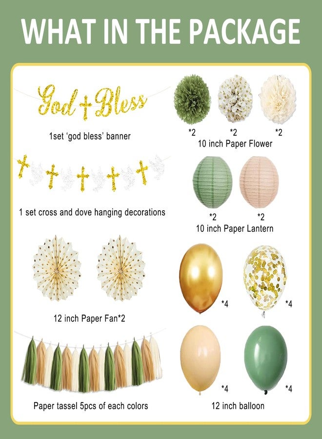 Rahase Sage Green and Gold Baptism Party Decorations - First Communion Decorations Boys Girls Christening Decor God Bless Banner Garland Tissue Paper Pom Poms and Balloons for Mi Bautizo Party Supplies - Image 2