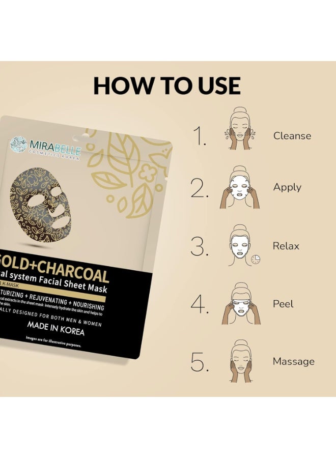 Mirabelle Gold + Charcoal Facial Sheet Mask | Sebum Control | Reduce Spots | Women & Men | Made In Korea | Combo Pack Of 6 (Each 25ml) - Image 2