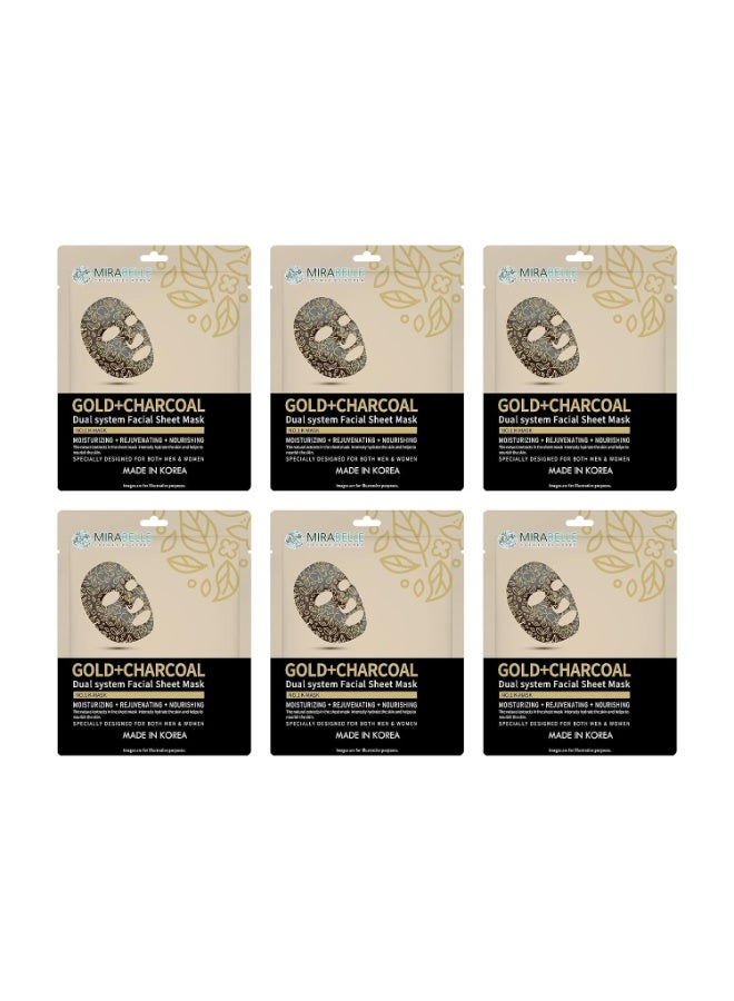 Mirabelle Gold + Charcoal Facial Sheet Mask | Sebum Control | Reduce Spots | Women & Men | Made In Korea | Combo Pack Of 6 (Each 25ml) - Image 1