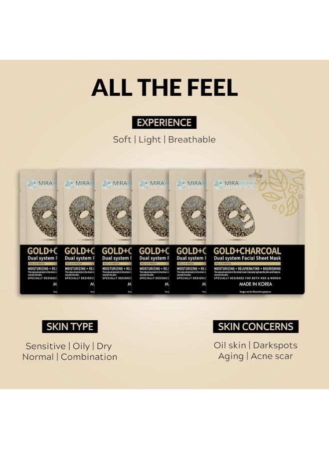 Mirabelle Gold + Charcoal Facial Sheet Mask | Sebum Control | Reduce Spots | Women & Men | Made In Korea | Combo Pack Of 6 (Each 25ml) - Image 3