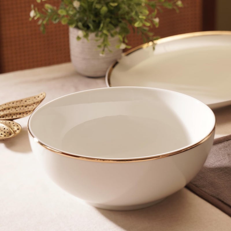 PURE HOME + LIVING PURE HOME + LIVING White Gold Rim Ceramic Serving Bowl for Serving Pasta, Noodle, Maggi, Cereal Microwave Safe Salad Bowl, Mixing Bowl for Snacks - Image 1