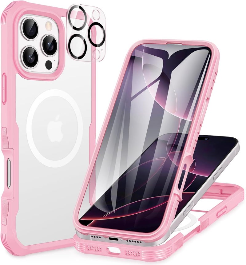 CENHUFO Compatible with iPhone 16 Pro Case Fits for Magsafe, Built-in Glass Screen Protector with Camera Lens Protector, 360 Full Body Protective Phone Case for iPhone 16 Pro 6.3 Inch -Pink Globally spread simple design - Image 1