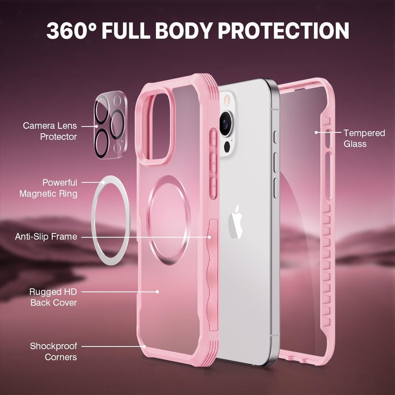 CENHUFO Compatible with iPhone 16 Pro Case Fits for Magsafe, Built-in Glass Screen Protector with Camera Lens Protector, 360 Full Body Protective Phone Case for iPhone 16 Pro 6.3 Inch -Pink Globally spread simple design - Image 2