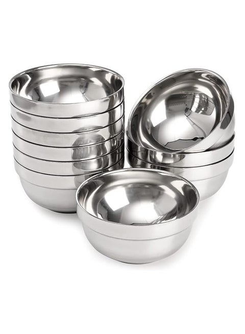 10 Pack Lightweight Stainless Steel Bowls | Soup & Soup Bowl | Double Walled Metal Salad Bowls Ideal For Serving Sauces, Rice, Noodles, Ice Cream Round Silver 12Cm 250Ml
