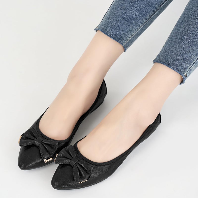 FUDYNMALC Womens Ballet Flats Shoes: Foldable Dressy Wedding Ballerina Shoes Sparkly Bowknot Pointed Toe Slip on Walking Loafers, Black Glitter, Size 8-8.5 - Image 4
