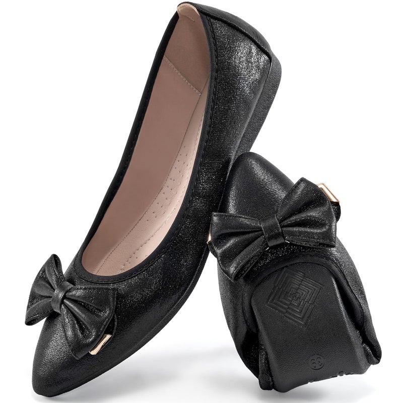 FUDYNMALC Womens Ballet Flats Shoes: Foldable Dressy Wedding Ballerina Shoes Sparkly Bowknot Pointed Toe Slip on Walking Loafers, Black Glitter, Size 8-8.5 - Image 1