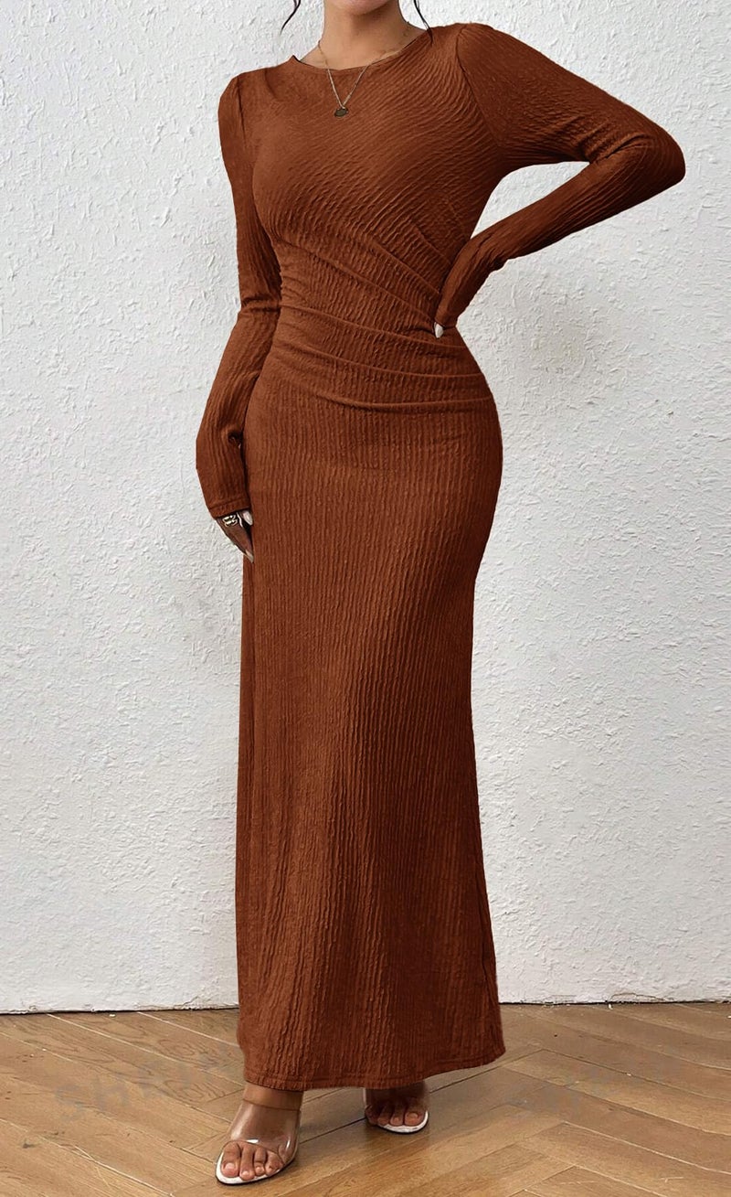 MITILLY Fall Long Sleeve Formal Wedding Guest Dress Elegant Ruched Bodycon Maxi Dresses for Women 2026 Medium Brown - Image 4