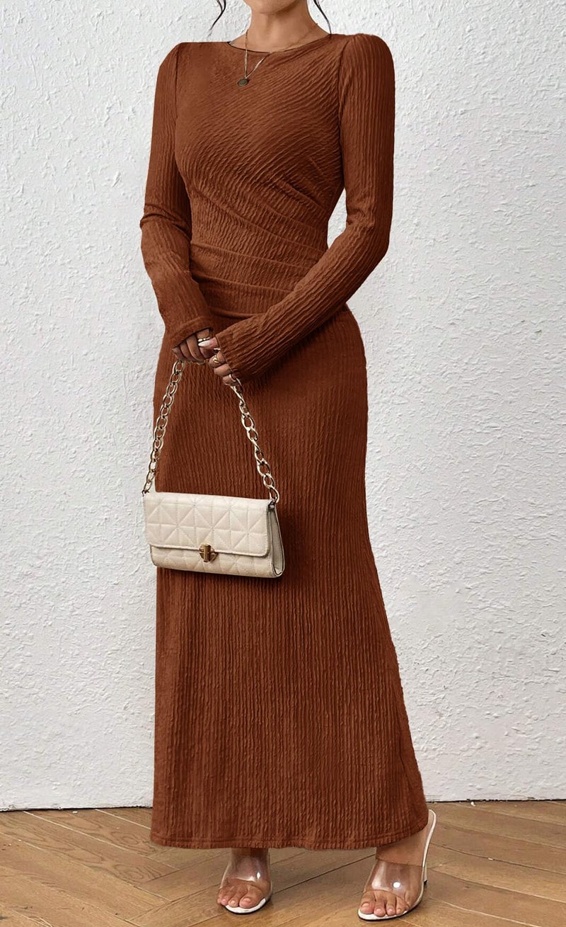 MITILLY Fall Long Sleeve Formal Wedding Guest Dress Elegant Ruched Bodycon Maxi Dresses for Women 2026 Medium Brown - Image 5