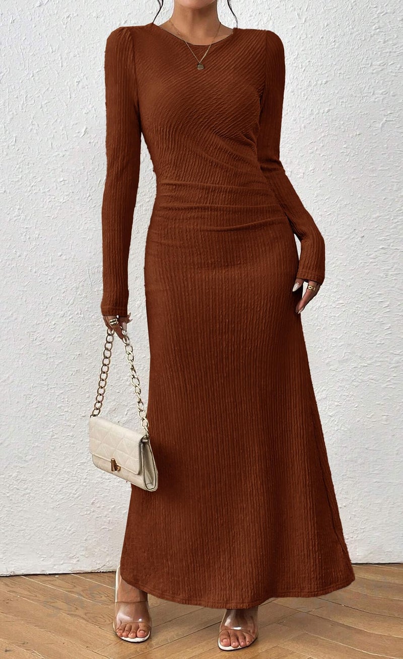 MITILLY Fall Long Sleeve Formal Wedding Guest Dress Elegant Ruched Bodycon Maxi Dresses for Women 2026 Medium Brown - Image 2