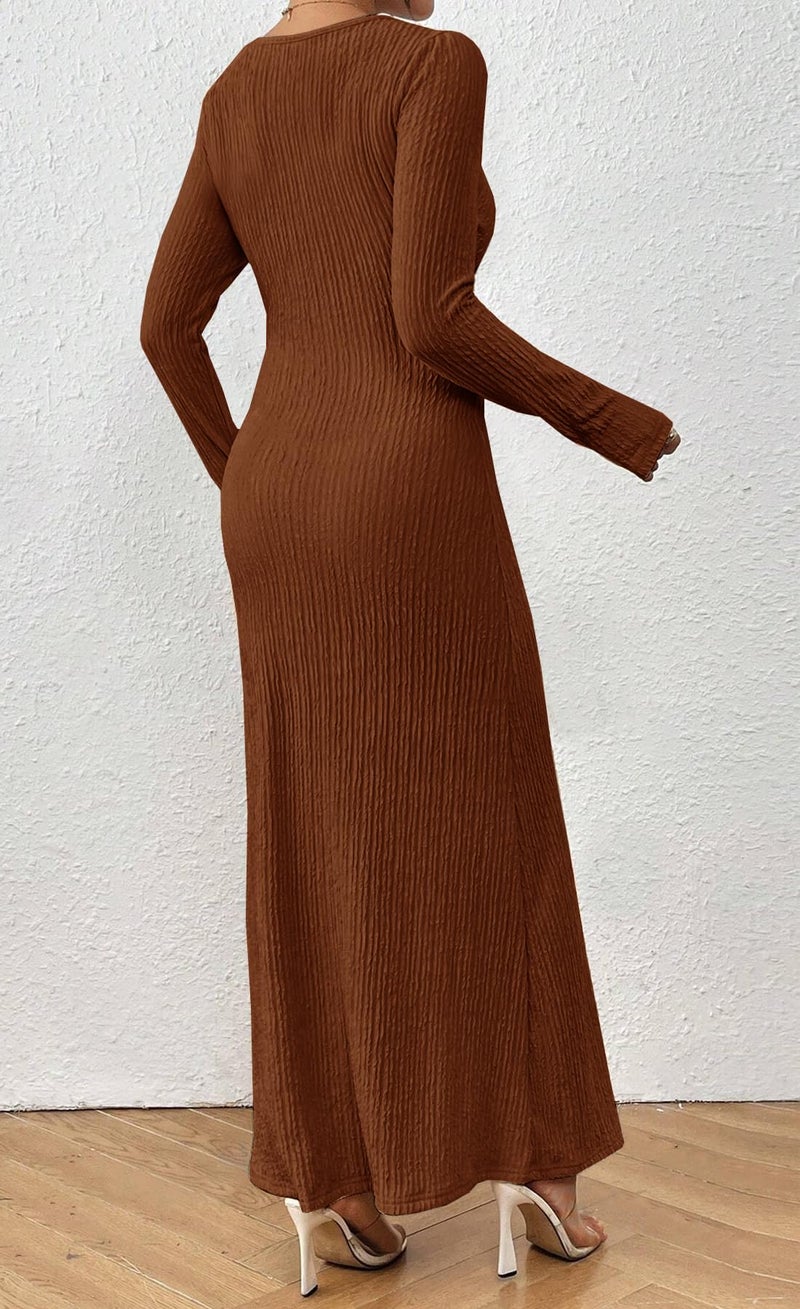 MITILLY Fall Long Sleeve Formal Wedding Guest Dress Elegant Ruched Bodycon Maxi Dresses for Women 2026 Medium Brown - Image 3
