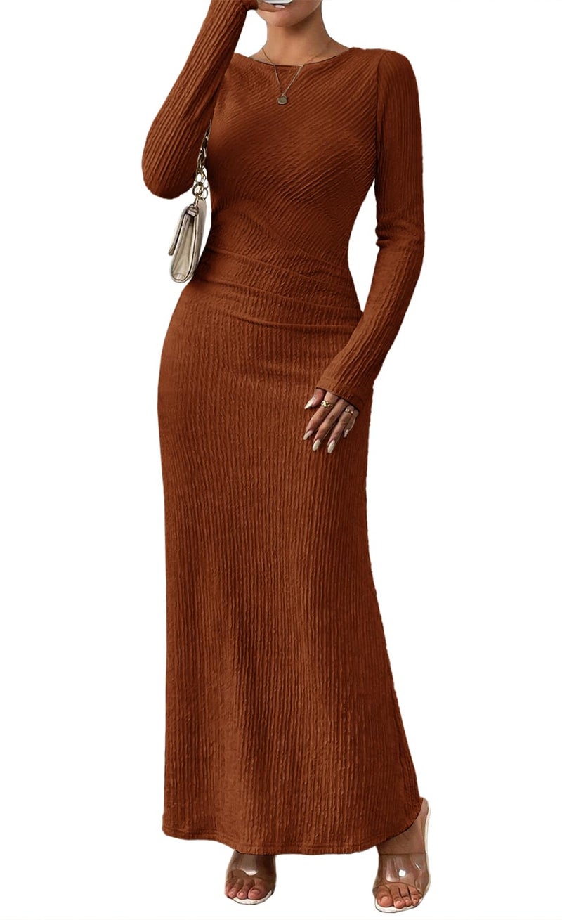 MITILLY Fall Long Sleeve Formal Wedding Guest Dress Elegant Ruched Bodycon Maxi Dresses for Women 2026 Medium Brown - Image 1