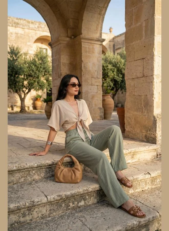 Lela Lela Cotton Tie-Up Relaxed Fit High Waist Wide Leg Muslin Trousers Women's Pants 5866663