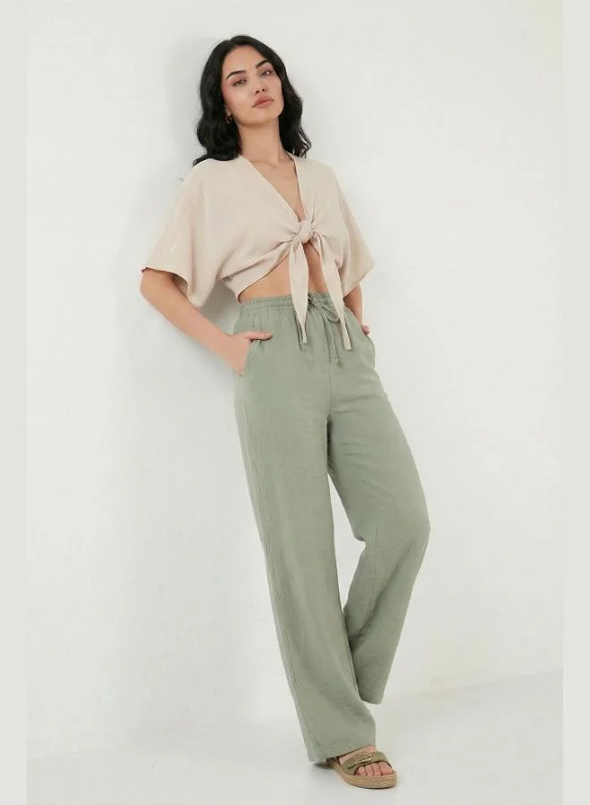 Lela Lela Cotton Tie-Up Relaxed Fit High Waist Wide Leg Muslin Trousers Women's Pants 5866663