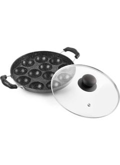FLIXBLOOM FLIXBLOOM Traditional Renaissance NonStick 12 Cavity Appam Patra with Glass Lid 2 Sided Handle Appam Maker Appam Pan Litti Maker Appe Stand Black  - Image 1