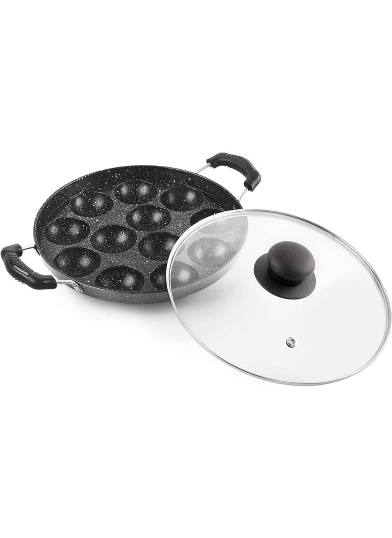 FLIXBLOOM FLIXBLOOM Traditional Renaissance NonStick 12 Cavity Appam Patra with Glass Lid 2 Sided Handle Appam Maker Appam Pan Litti Maker Appe Stand Black  - Image 1
