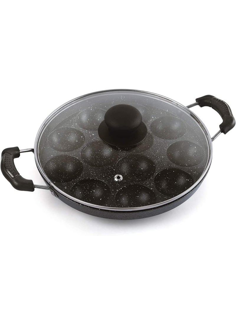 FLIXBLOOM FLIXBLOOM Traditional Renaissance NonStick 12 Cavity Appam Patra with Glass Lid 2 Sided Handle Appam Maker Appam Pan Litti Maker Appe Stand Black  - Image 2