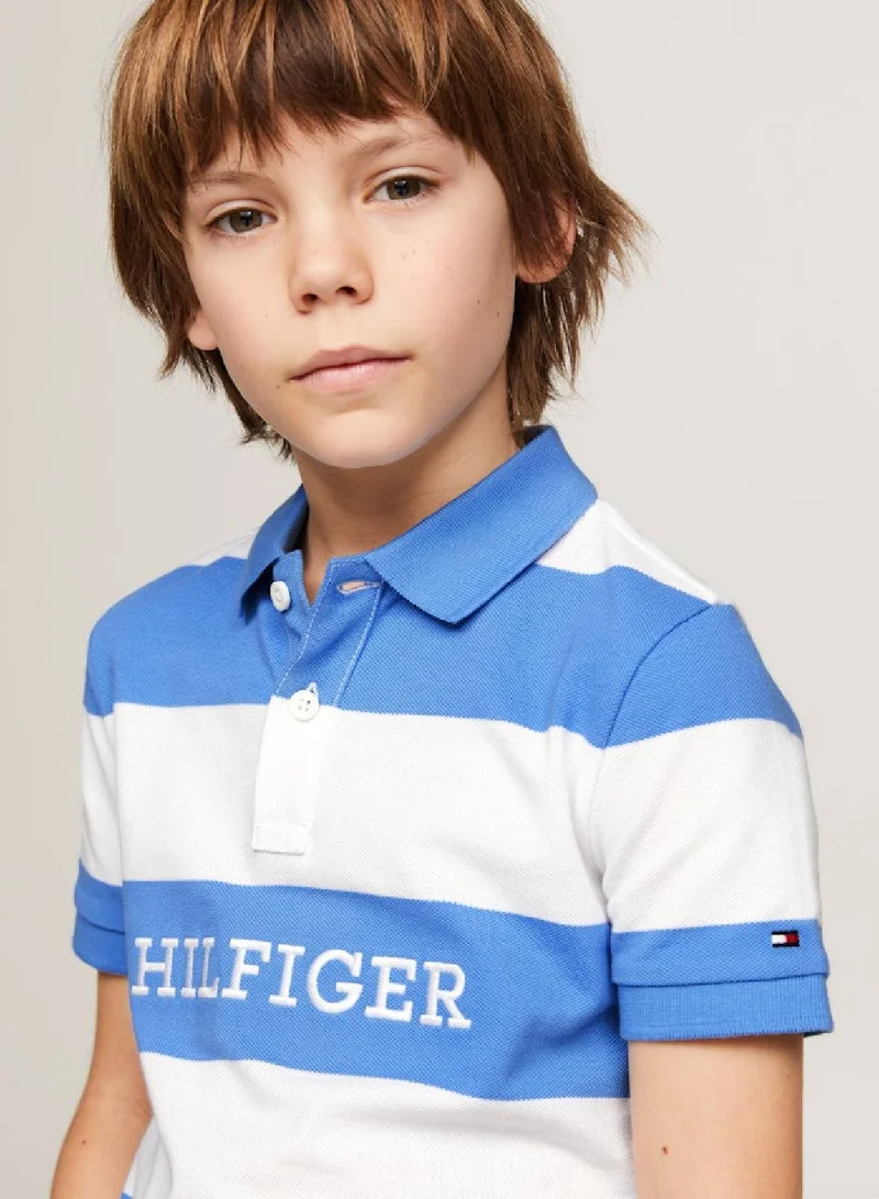 TOMMY HILFIGER Boys' Hilfiger Monotype Colour-Blocked Regular Fit Polo -  Pure cotton pique, White/ Blue