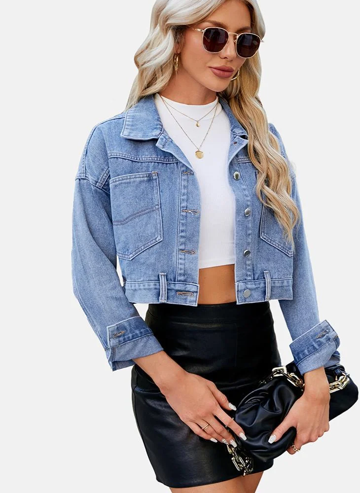 يونيكي Blue Plain Regular Fit Long Sleeve Denim Jacket