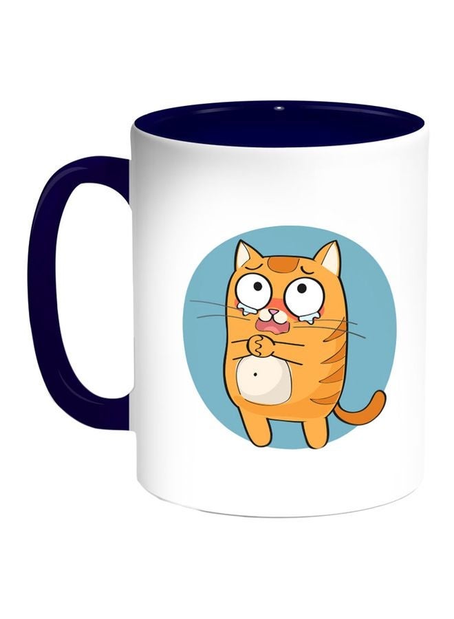 Cat Expression Graphics Printed Coffee Mug Blue/White/Yellow 11ounce