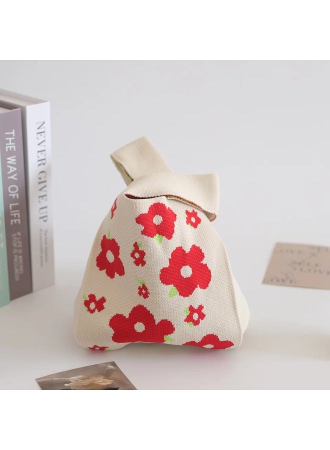 Festival Knitted Bag Accompanying Gift Bag Full Moon Gift Wedding Banquet Gift Bag 61 Children's Day Exquisite Gift Handbag Tote Bag-Color:Beige Small Floral-Size:20*10*36 - Image 1