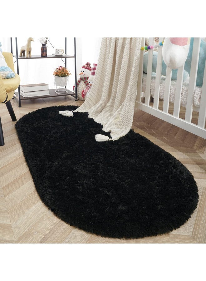 ISEAU Oval Fluffy Carpet, Modern Plush Shaggy Area Rug for Kids Bedroom, Extra Comfy Cute Nursery Bedside Mat for Boys Girls Room Home Decor, 2.6 x 5.3ft, Black - Image 2
