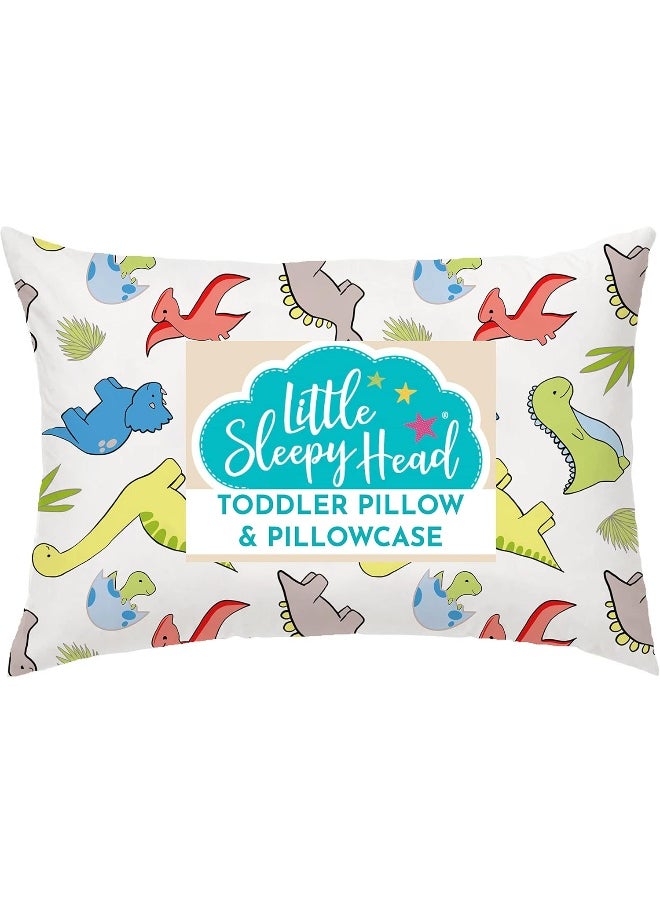 Little Sleepy Head Toddler Pillow with Toddler Pillowcase - Soft Hypoallergenic - Best Pillow for Kids! Better Neck Support and Sleeping! Better Naps in Bed, a Crib, or at School! Makes Travel Comfier! (Dinosaurs White)  - Image 1